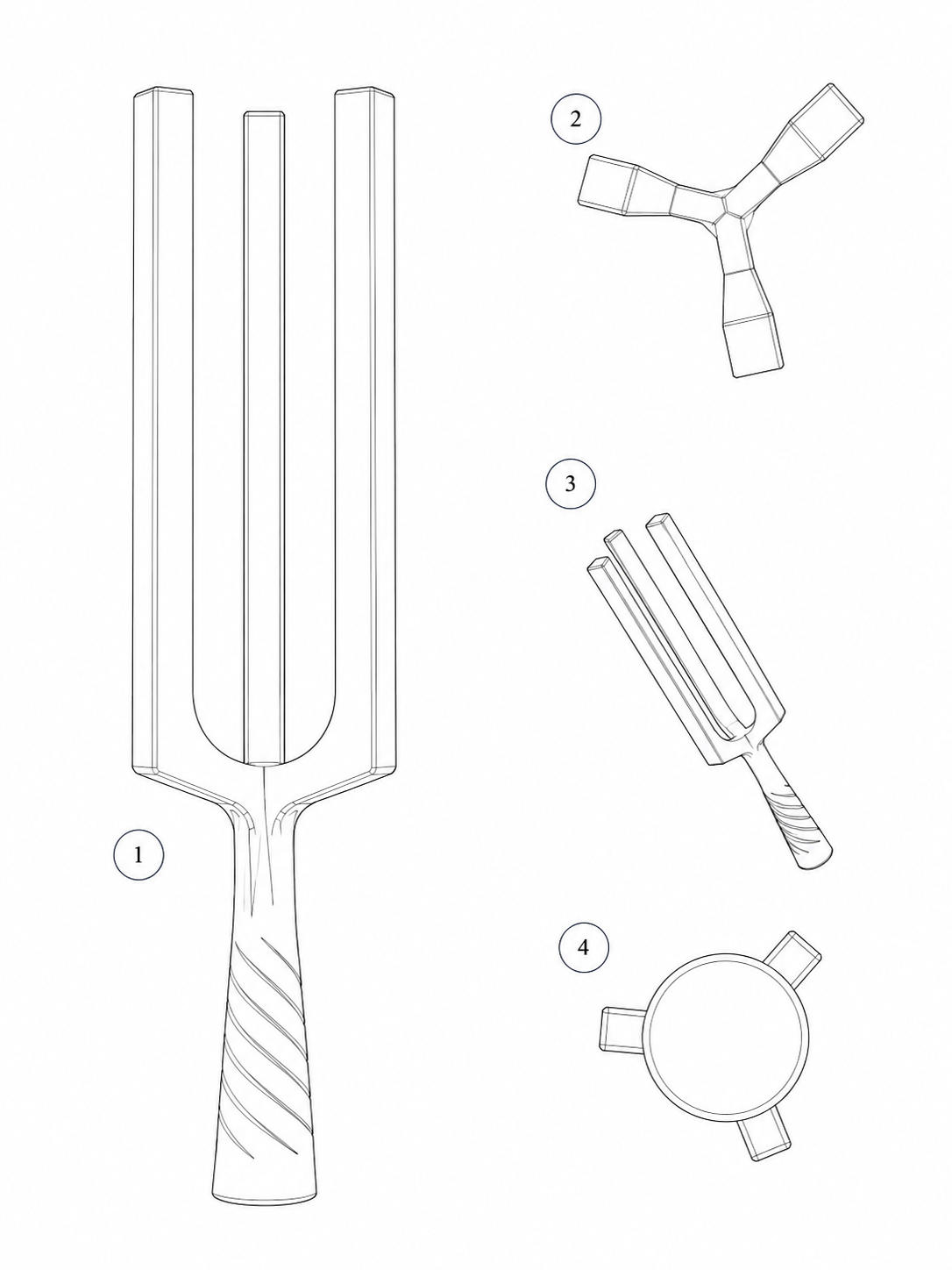 FIG-N1-01: Perspective representation of the Triaural resonator; 1 - FRONT VIEW, 2 - TOP VIEW, 3 - PERSPECTIVE VIEW, 4 - BOTTOM VIEW