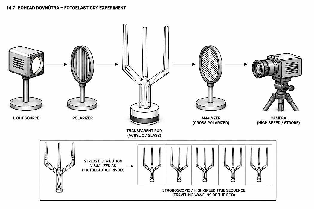 FIG-N1-22: Photoelastic measurement arrangement - light source, polarizer, transparent handle, analyzer, and camera.